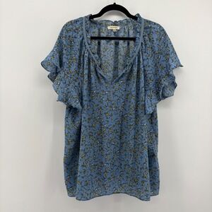 Max Studio Blue Floral Ruffle Sleeve V Neck Blouse Top Plus Size 2X
